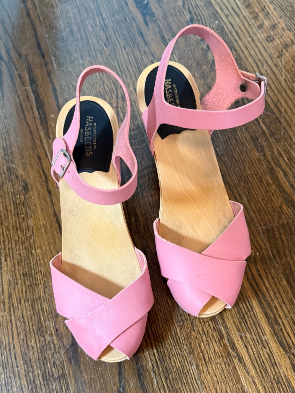 Swedish Hasbeens Pink Wooden Platform Clog